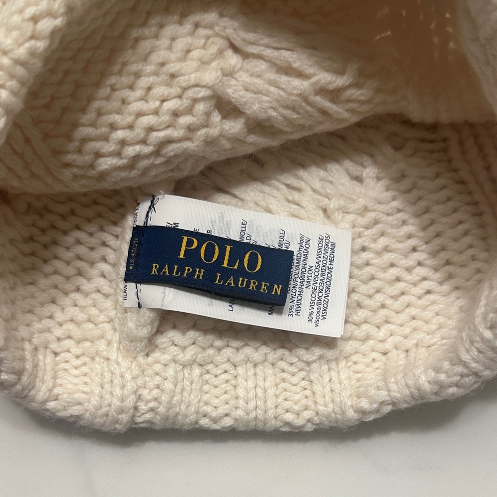 Ralph Lauren Cream Cable Knit Hat with Faux Fur Pom-Pom - Picture 2 of 3